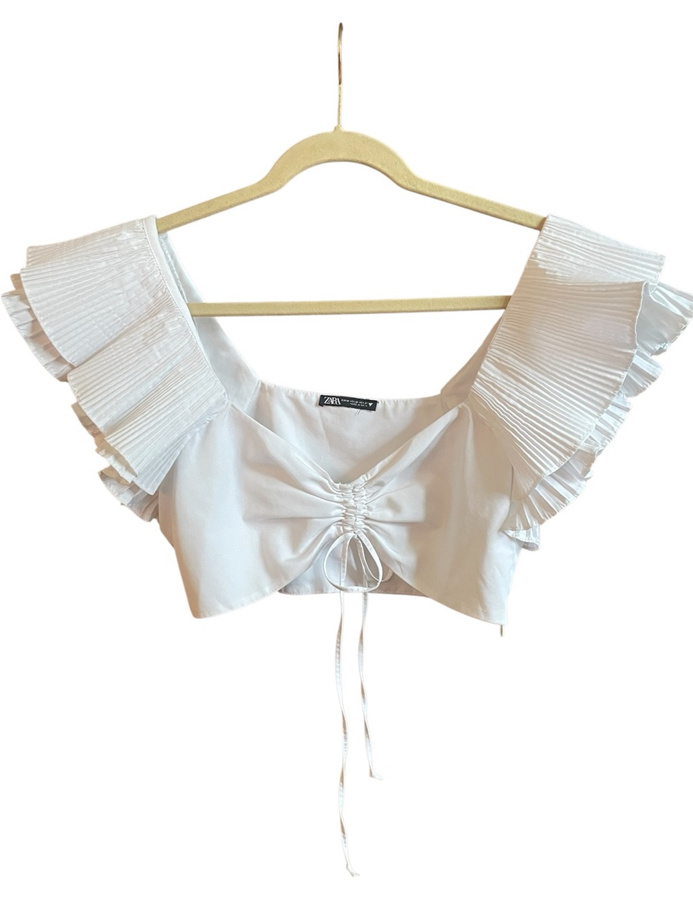 ZARA Womens White Cropped Blouse Square Neck Pleated Ruffle Tie Front M